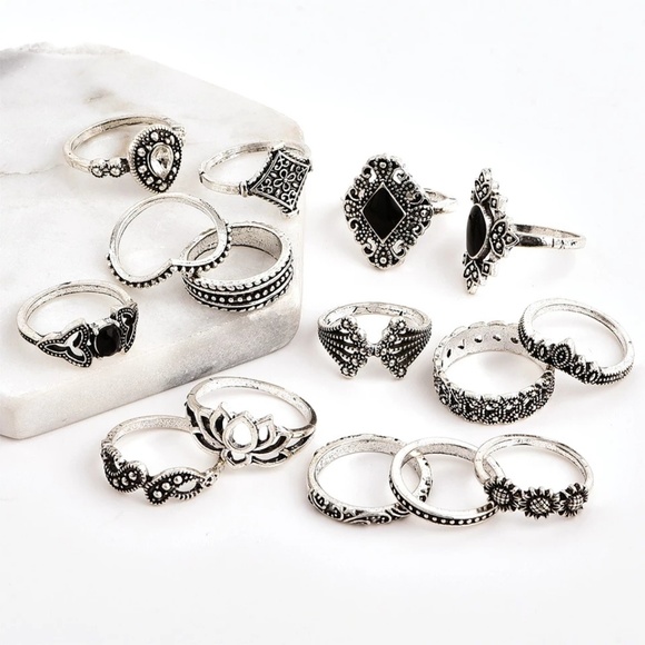 *BOGO* Bohemian Black & Silver 15 Piece Ring Set - Picture 2 of 3